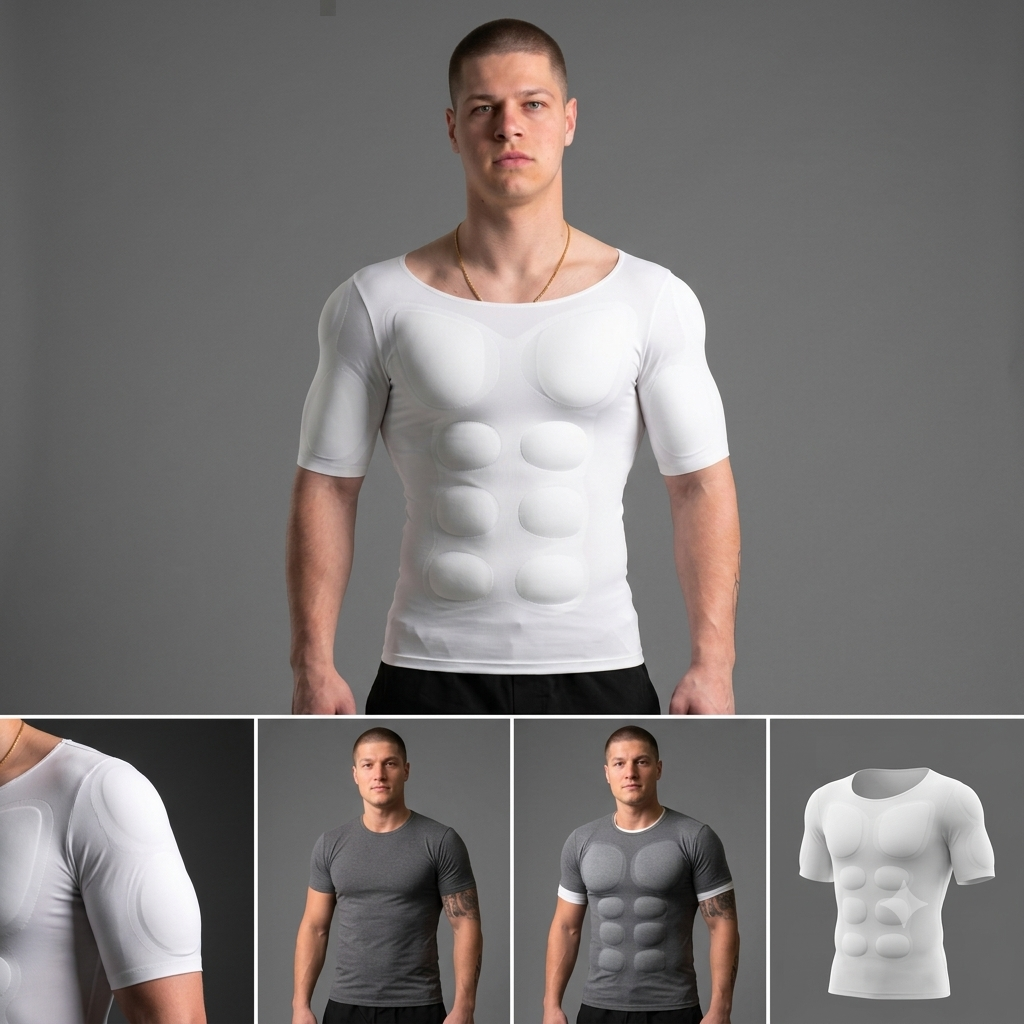 Grid of V-Core shirt views including the shirt worn under a grey tee