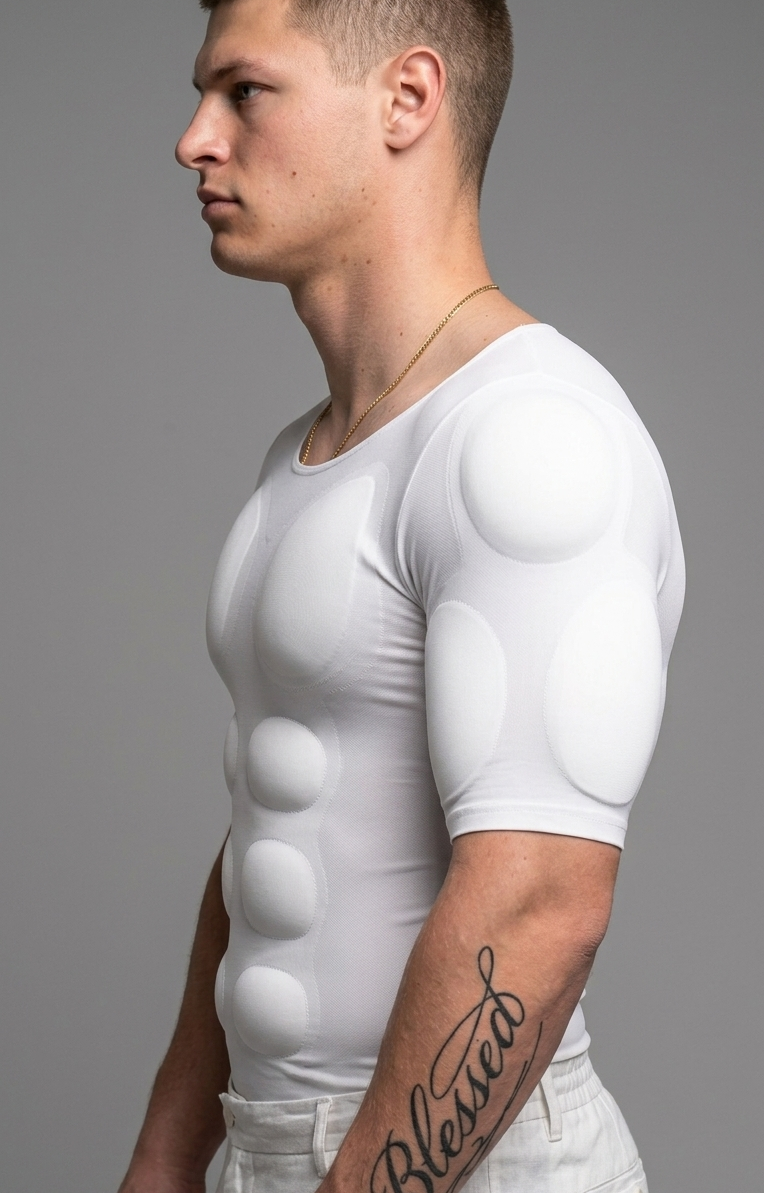 Side profile of the V-Core shirt showing the shoulder and chest modules and the V-taper