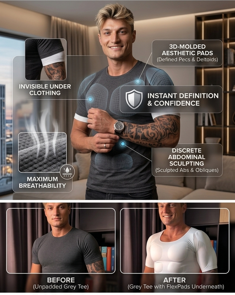 Annotated feature callouts and a before and after comparison of a grey tee worn with and without the shirt underneath